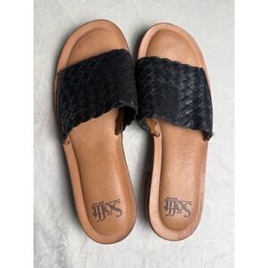 Sofft Black Woven Leather Slide Sandals Low Block Heel MM12 Womens 8 / 39